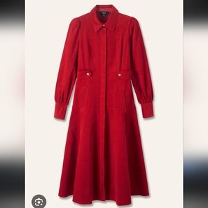 ME+EM Red Fluid Cord Gold Button Midi Shirt Dress Size 2
